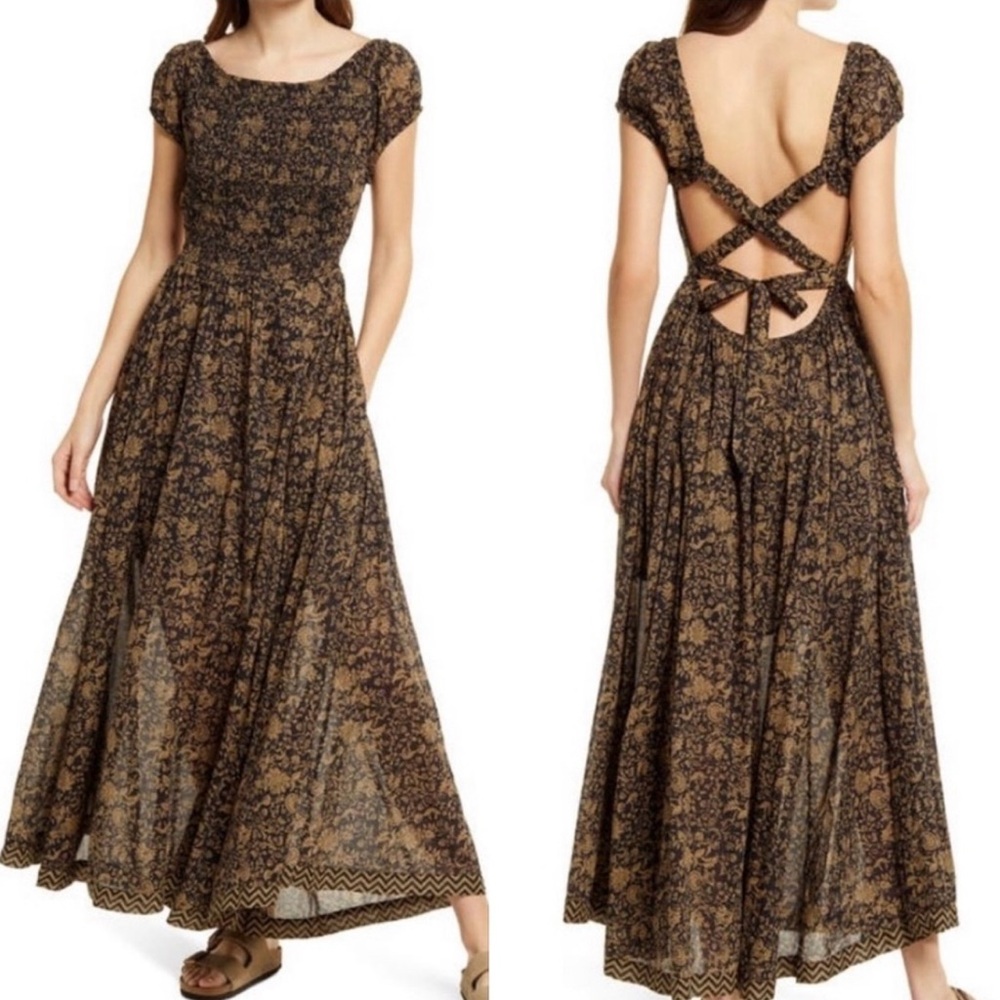 Free People Criss Cross Open Back Elegant Black and Brown Floral Maxi Dress